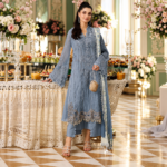 Maria.B BR-1502 Steel Blue Embroidered Viscose 3 Piece Suit