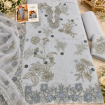 Maria.B Chiffons D6 Volume 07 – Luxury Silver Grey Embroidered Chiffon 3 Piece Unstitched Suit with 3D Floral Hand Embellishments - Image 2