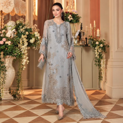 Maria.B Chiffons D6 Volume 07 – Luxury Silver Grey Embroidered Chiffon 3 Piece Unstitched Suit with 3D Floral Hand Embellishments