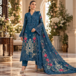 Maria.B Teal Blue Embroidered Viscose 3 Piece Suit
