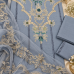 Maria.B BR-1502 Steel Blue Embroidered Viscose 3 Piece Suit - Image 4