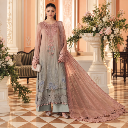 Luxury Dusty Pink & Silver Grey Embroidered Chiffon 3 Piece Suit – Elegant Floral Embellished Pakistani Formal Dress with Dupatta